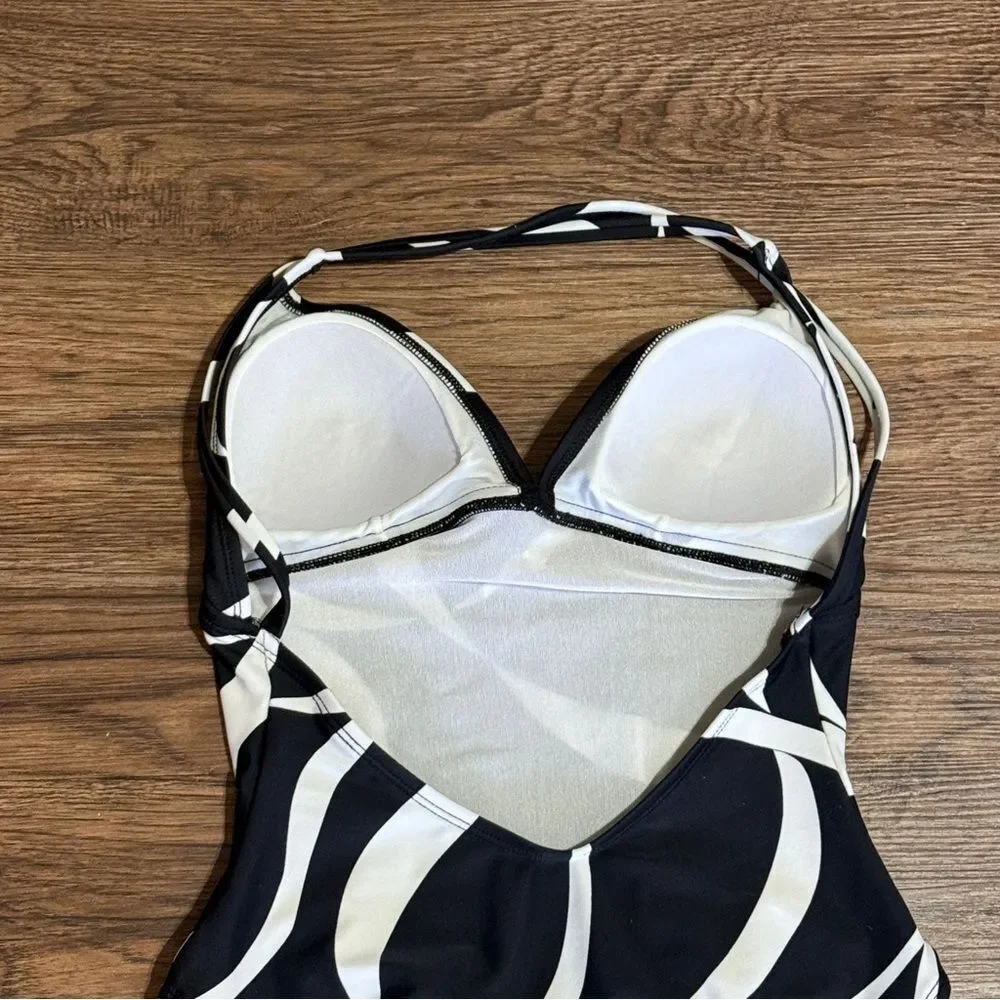 Anne Klein One Piece Abstract Bathing Suit Swimwear Size 10 Black White